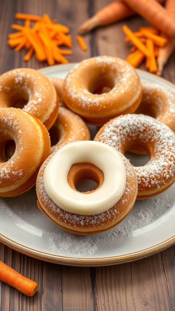 A plate of golden brown carrot donuts dusted with powdered sugar, with grated carrots in the background.
